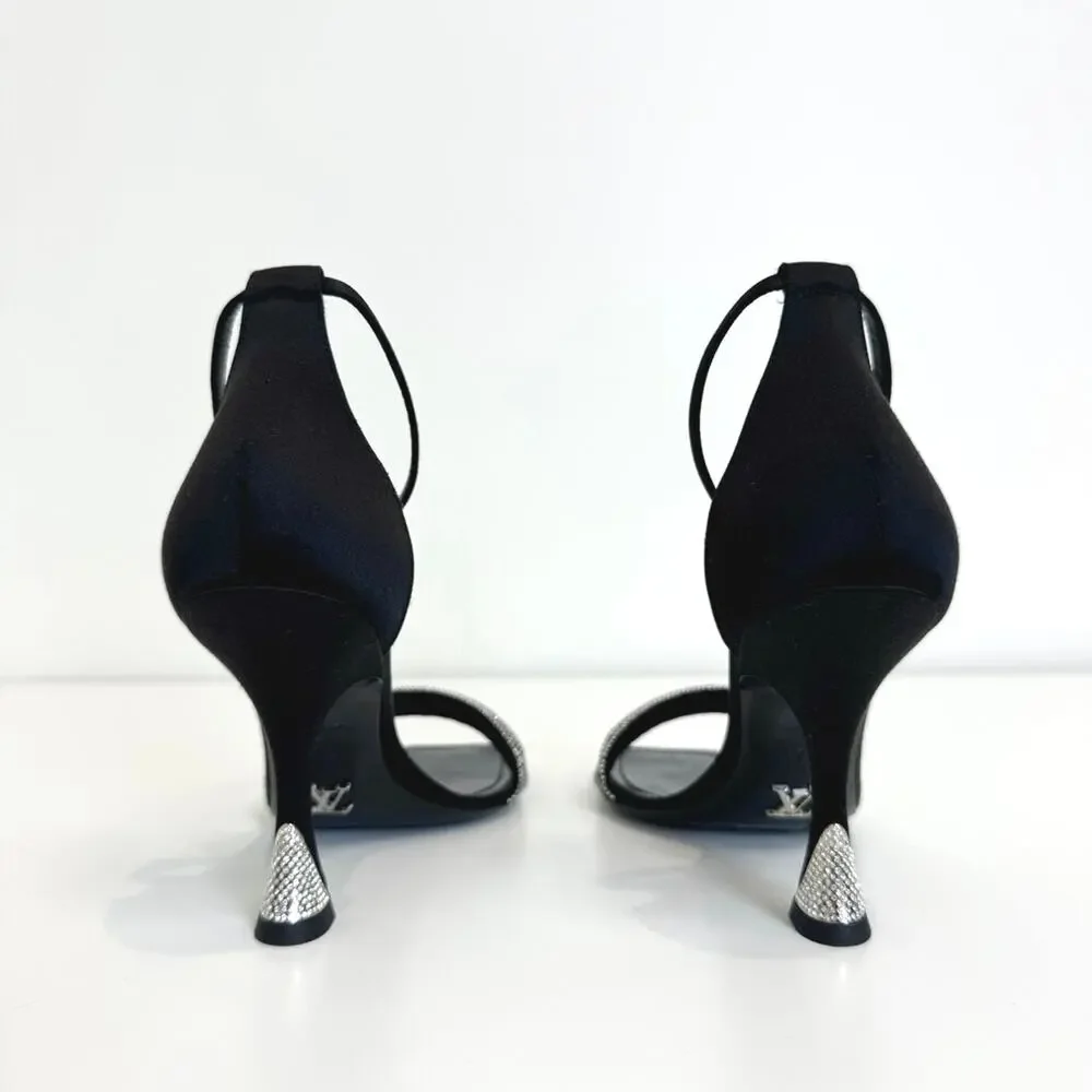 Louis Vuitton Black Satin Rhinestone Ankle Strap Heeled Sandals 37.5 NEW LV Shoe